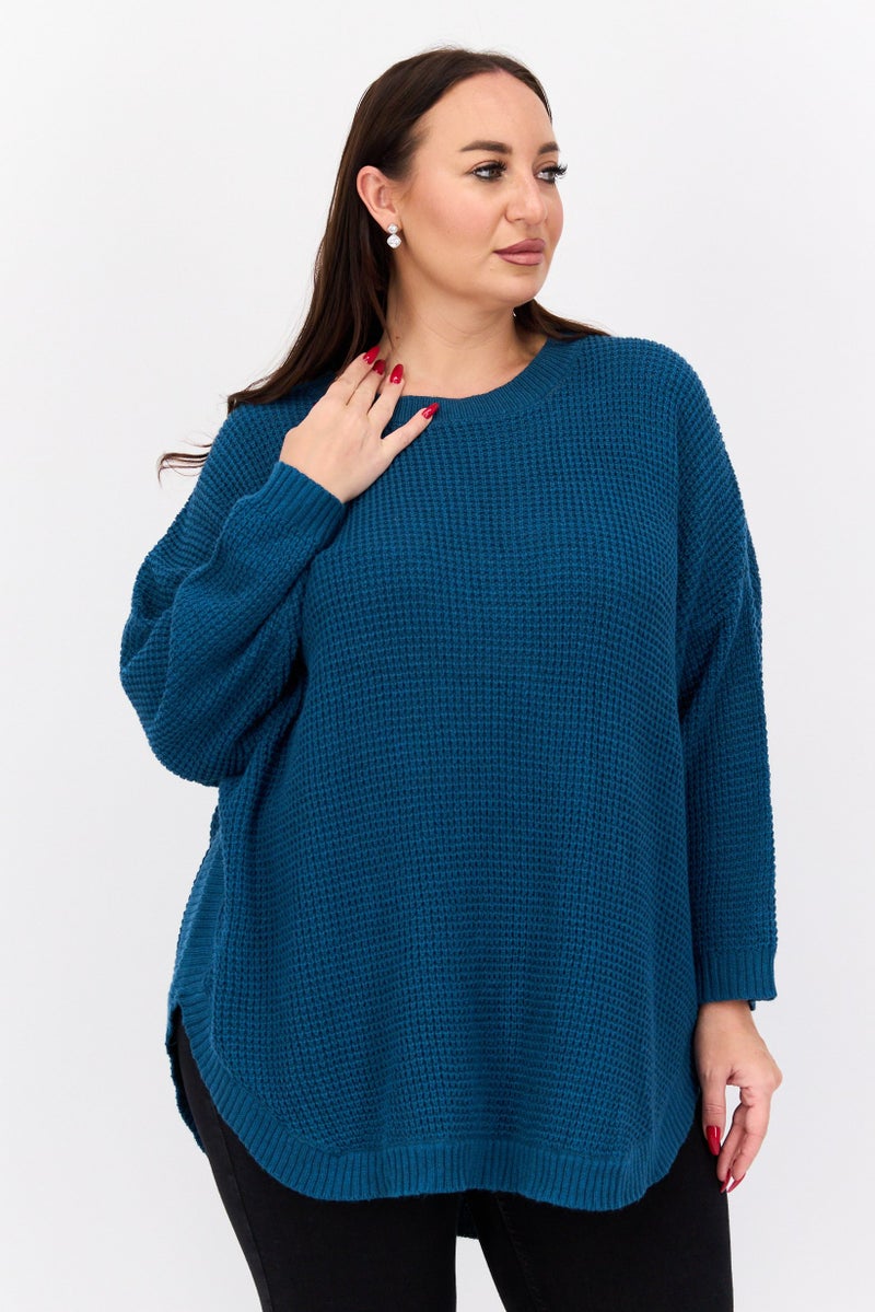 Black Tape سويت شيرت مزخرف بأكمام طويلة للنساء بحجم كبير، أزرق مائل إلى الأخضر - Image 1